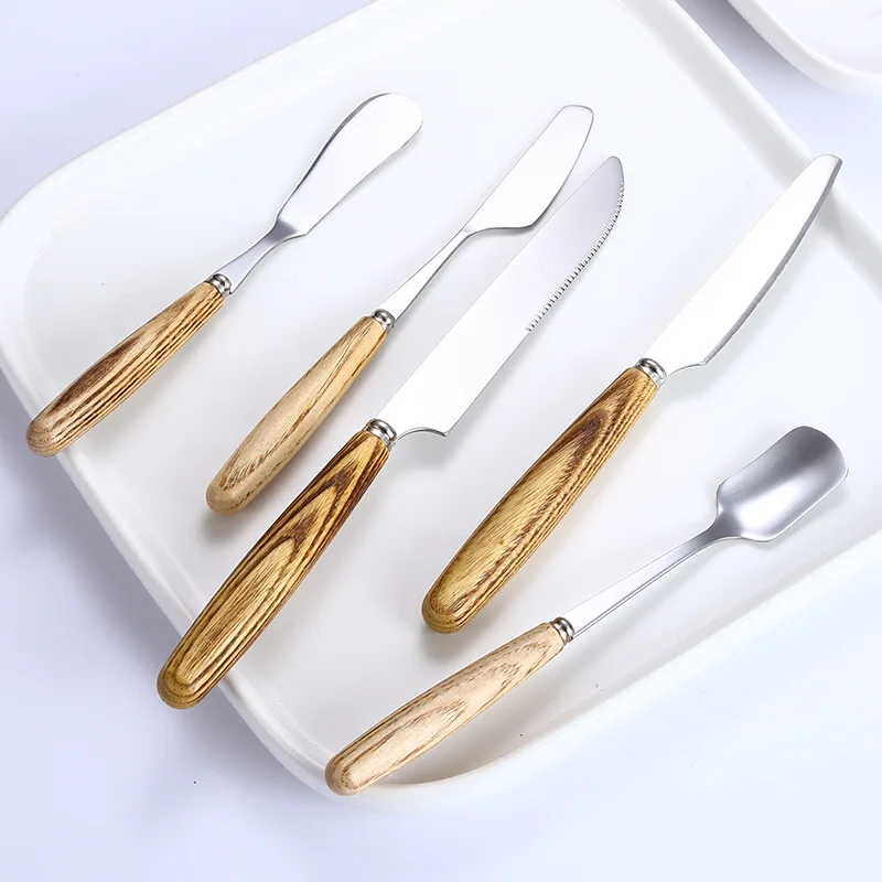 Flatware Wooden Handle Table Set Stainless Steel Cutlery Set Metal Silverware Forks And Spoon set Knife Dessert Spoons Sets