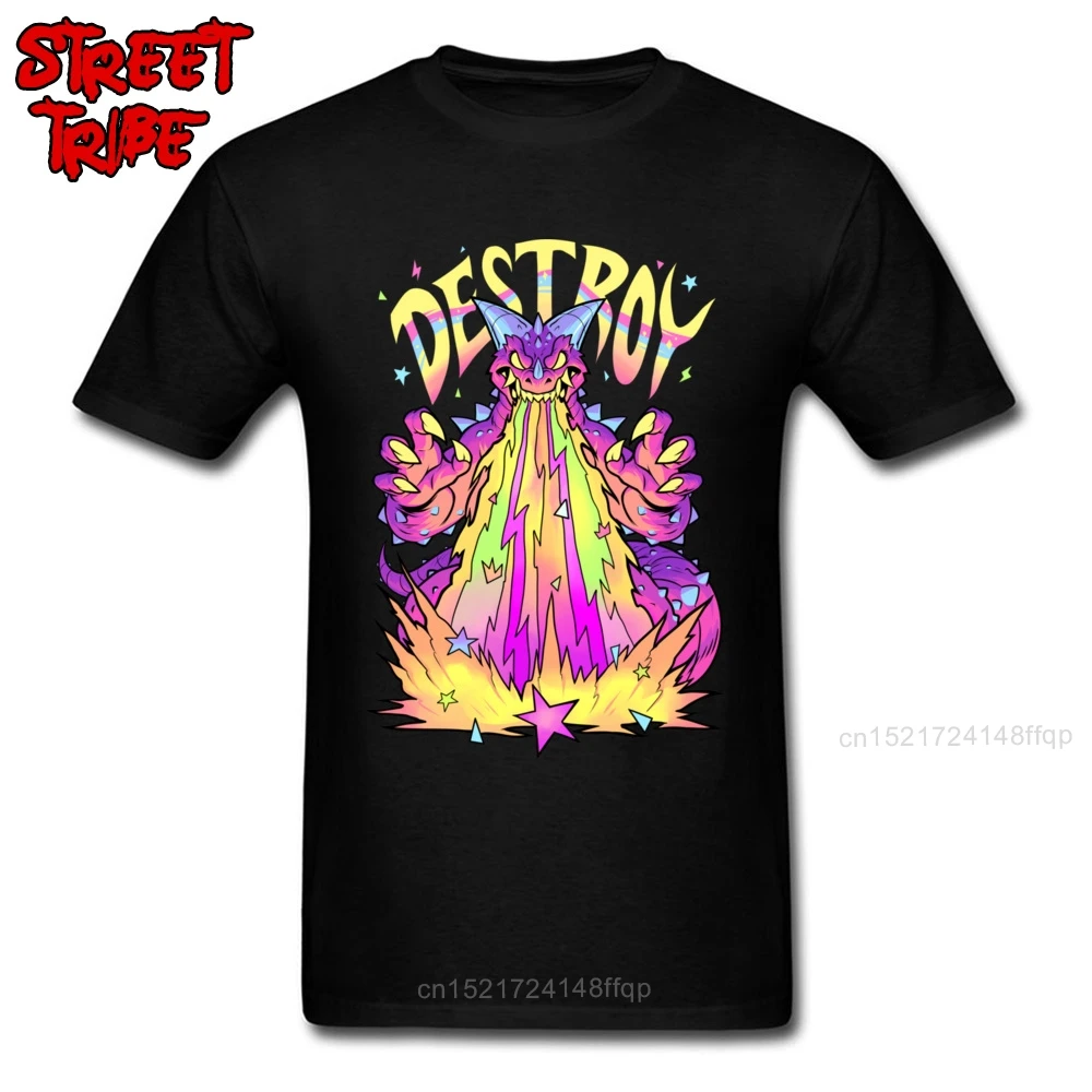 DESTROY T Shirt Men Rainbow Dinosaur Print Tops & Tees Hip Hop T-shirt Adult Black Tshirt Plus Size Funny Clothes No Fade