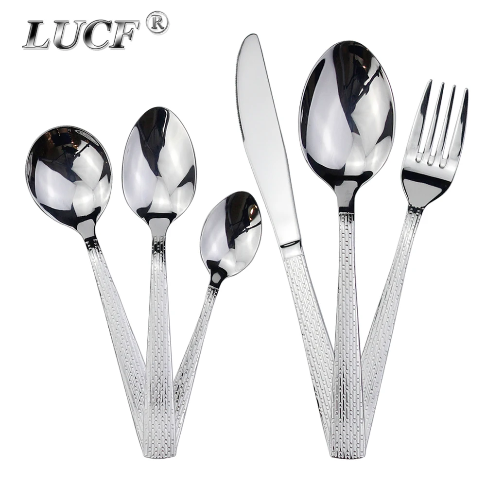 Exquisite Embossed Brick Pattern Cutlery Set 6 Utensils Mirror Stainless Steel Round Spoons Dishwasher Dinnerware Easy Matching