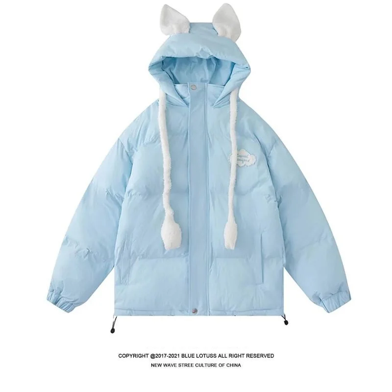 Cotton-padded Jacket Women 2024 Winter Plus Velvet Thick Padded Coat Rabbit Ears Can Move Korean Style Loose Hooded Warm Coats