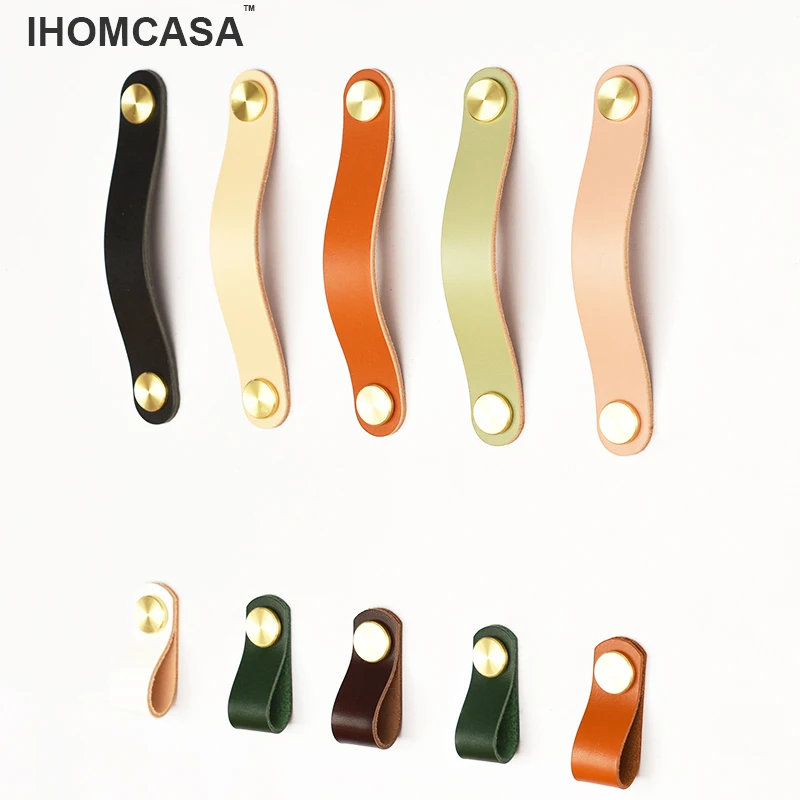 IHOMCASA – Poignée de meuble de style vintage en cuir véritable, disponible en 8 couleurs, en laiton doré, idéal pour placard de cuisine ou armoire