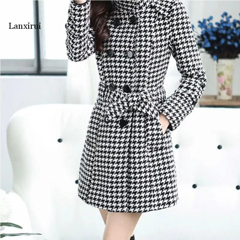 Autumn Winter Women Windbreaker Coat Black white Houndstooth  Boss Self-cultivation Coat Women Lanxirui