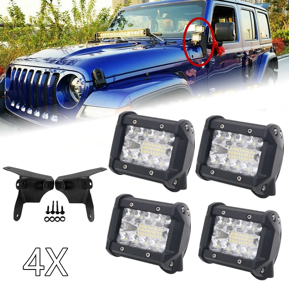 4pcs 60W 4 Inch LED Light Pod + A-Pillar Dual Mounting Bracket For Jeep Wrangler JL 2018 2019 2020