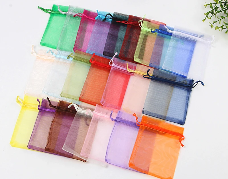 100pcs customized logo printing bags Drawstring Organza Bag small Pouches Jewelry Package Makeup Wedding Packaging Mesh Gift Bag