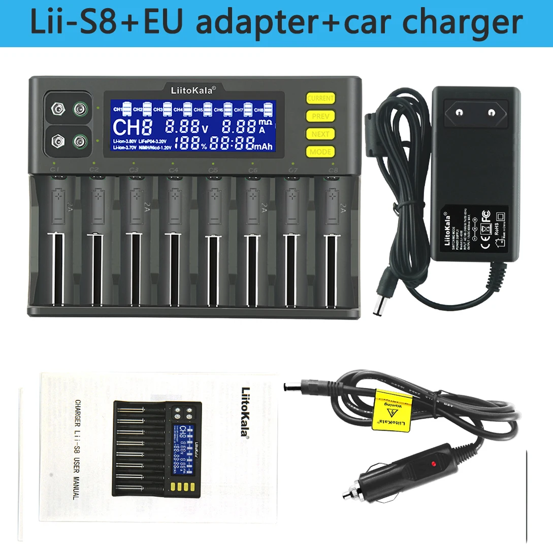 1-5PCS LiitoKala Lii-S8 8 Slots LCD Battery Charger for Li-ion LiFePO4 Ni-MH Ni-Cd 9V 21700 20700 26650 18350 18650 RCR123 18700