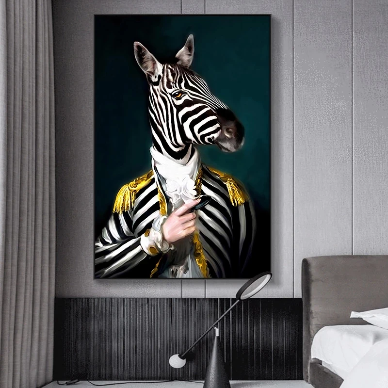 

European Style Zebra Head and Human Body Canvas Posters and Prints Retro Wall Art Animals Pictures for Home Living Room Decor