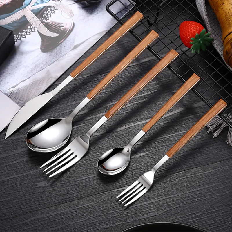 

304 Stainless Steel Tableware with Wooden Handle Spoon Steak Knife Fork Teaspoons for Home Kitchen Dinnerware Cutlery Utensils