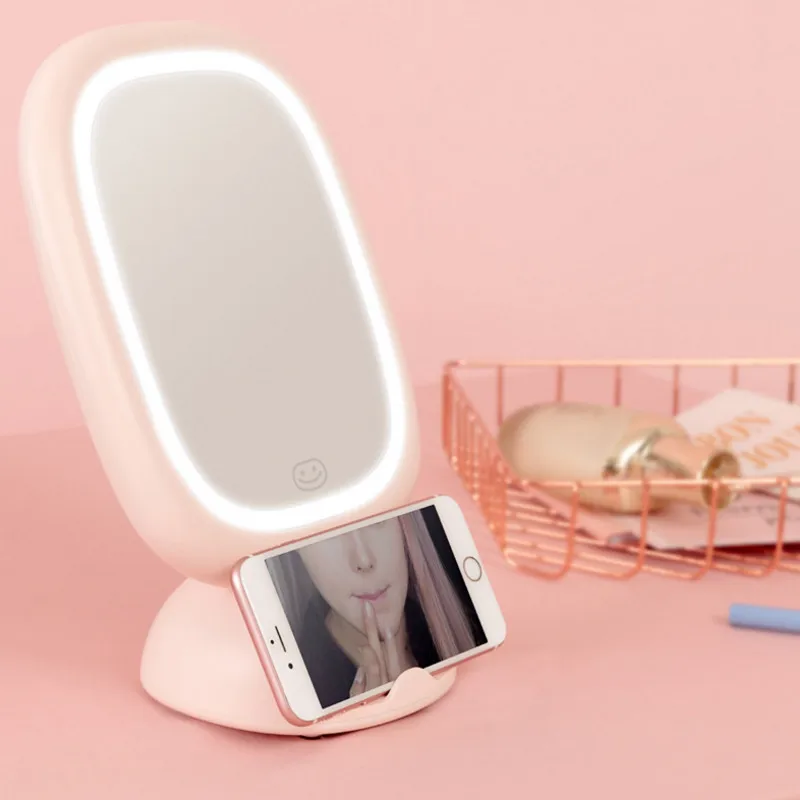 Makeup Mirror with Led Light Dressing Table Desktop Wall-mounted Mirror Mobile Phone Holder Adjustment Charging Make-up Mirror