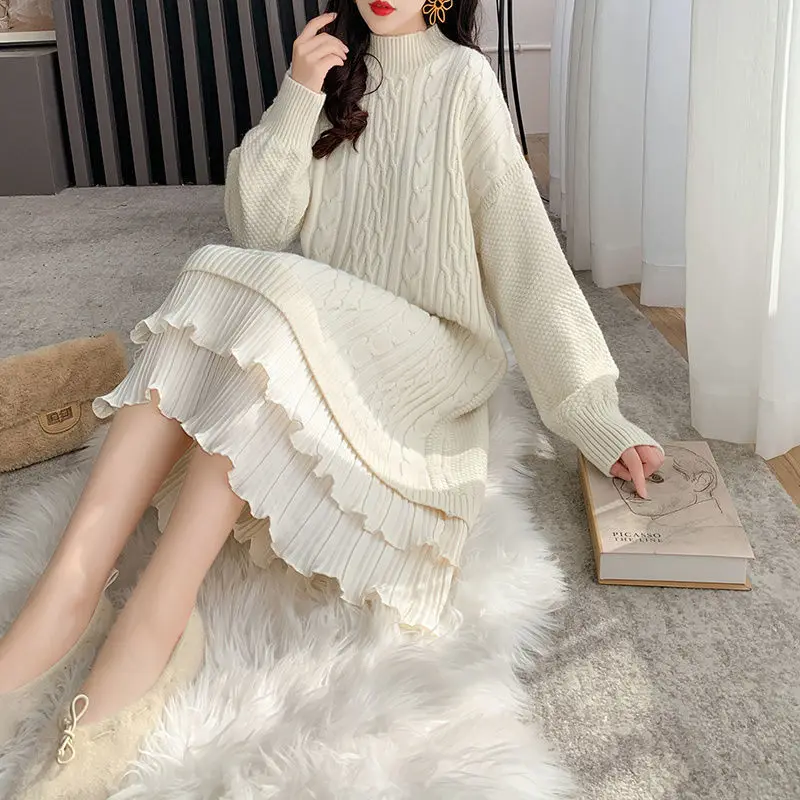 Autumn Winter Ladies Long Sleeve Sweater Ruffle Dress Mid-Length 2021 New Style Women\'s Knitted Base Dress Loose Jumper M771