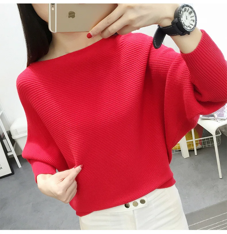 Autumn And Winter New Women Sweaters Bats Shirt Slash Neck Short Paragraph Female Knit Pullovers