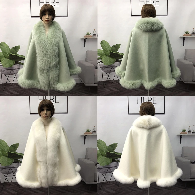 Women Fur Poncho Cardigan Real Fox Fur Coats Wool Warm Ponchos 2021 Fox Fur Collar Jacket Autumn Winter Black Cloak Outwear Tops