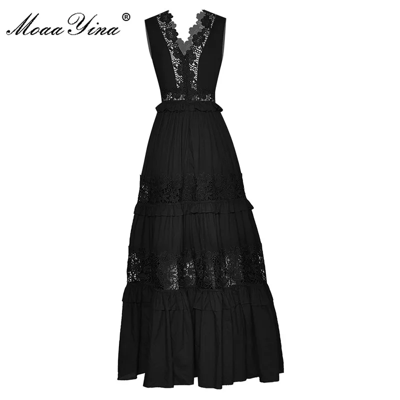 MoaaYina 2021 Fashion Runway Summer Black Party Dresses Women's Holiday V-neck Sleeveless High waist Hollow out Lace Long Dress