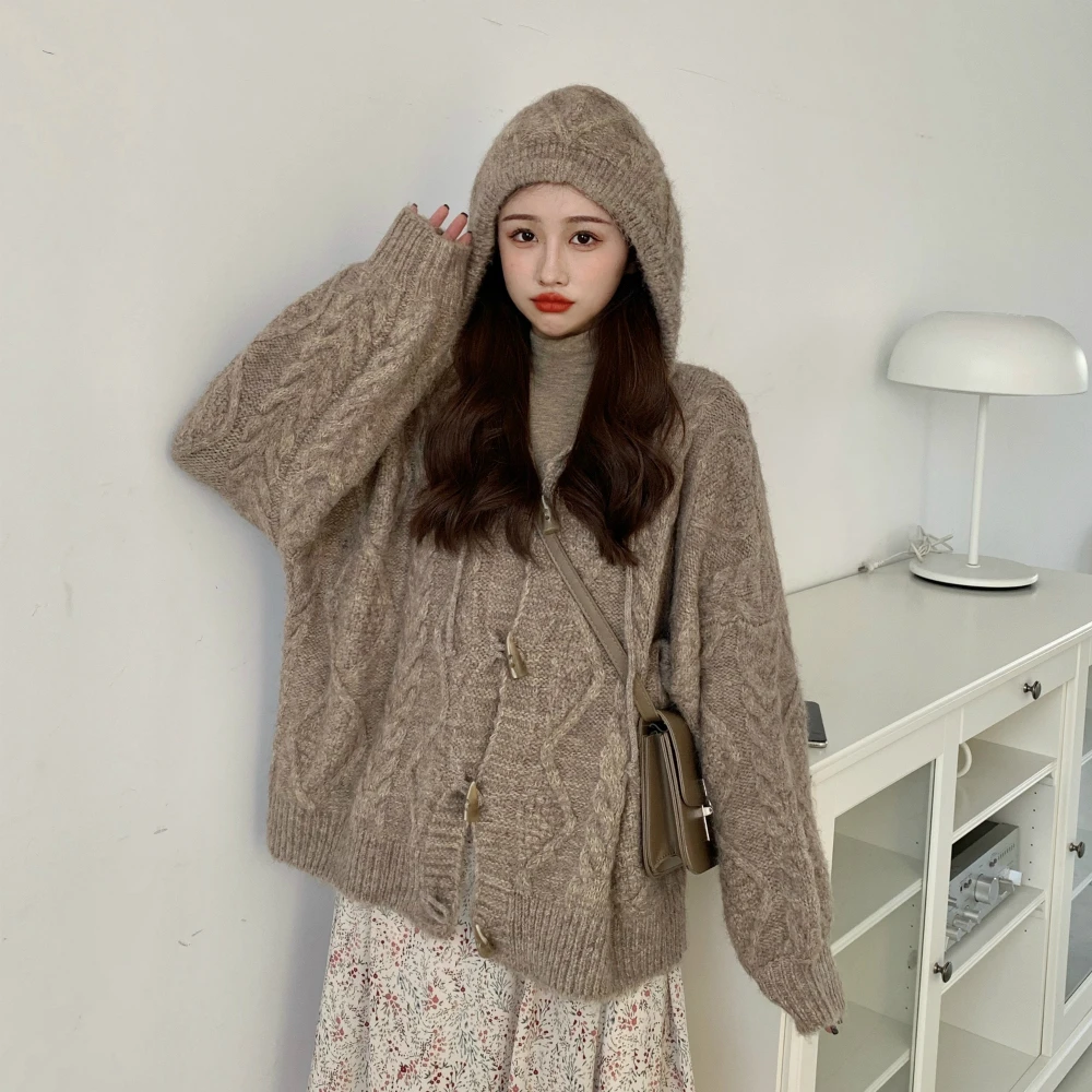 Women Winter Loose Cozy Twist Short Sweater Coat Jacket Hooded Knitted Cardigan Overcoat Full Sleeve Horn Buttons