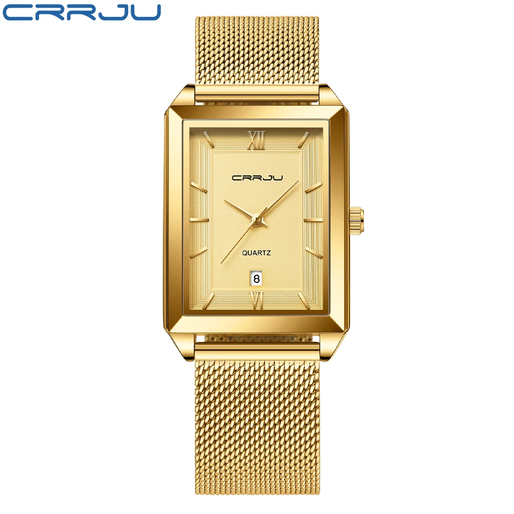 CRRJU Watch Men Top Brand Luxury Square Golden Quartz Stainless Steel Waterproof Wrist Watch Relogio Masculino