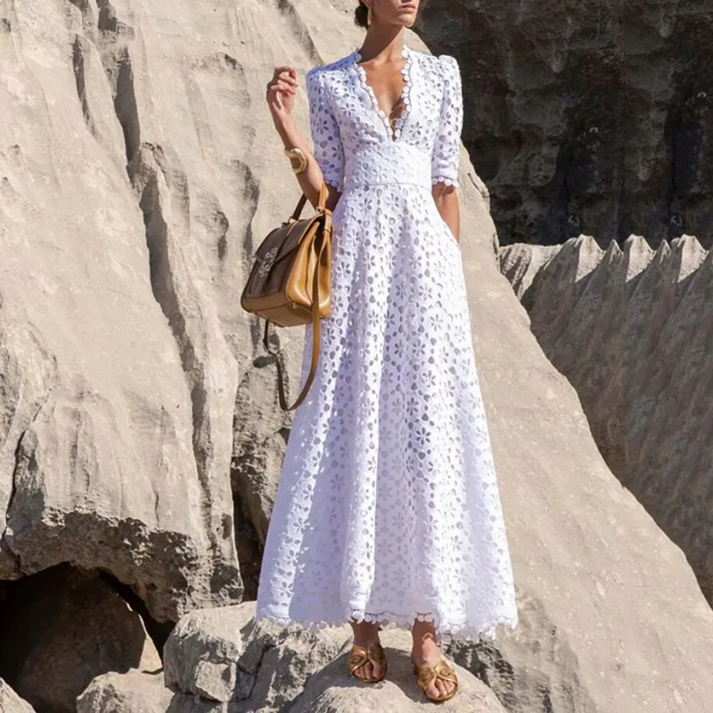 

White Maxi Dress For Women Summer Fashion V Neck Half Sleeve High Waist Hollow Out Slim Dresses Vestidos q374