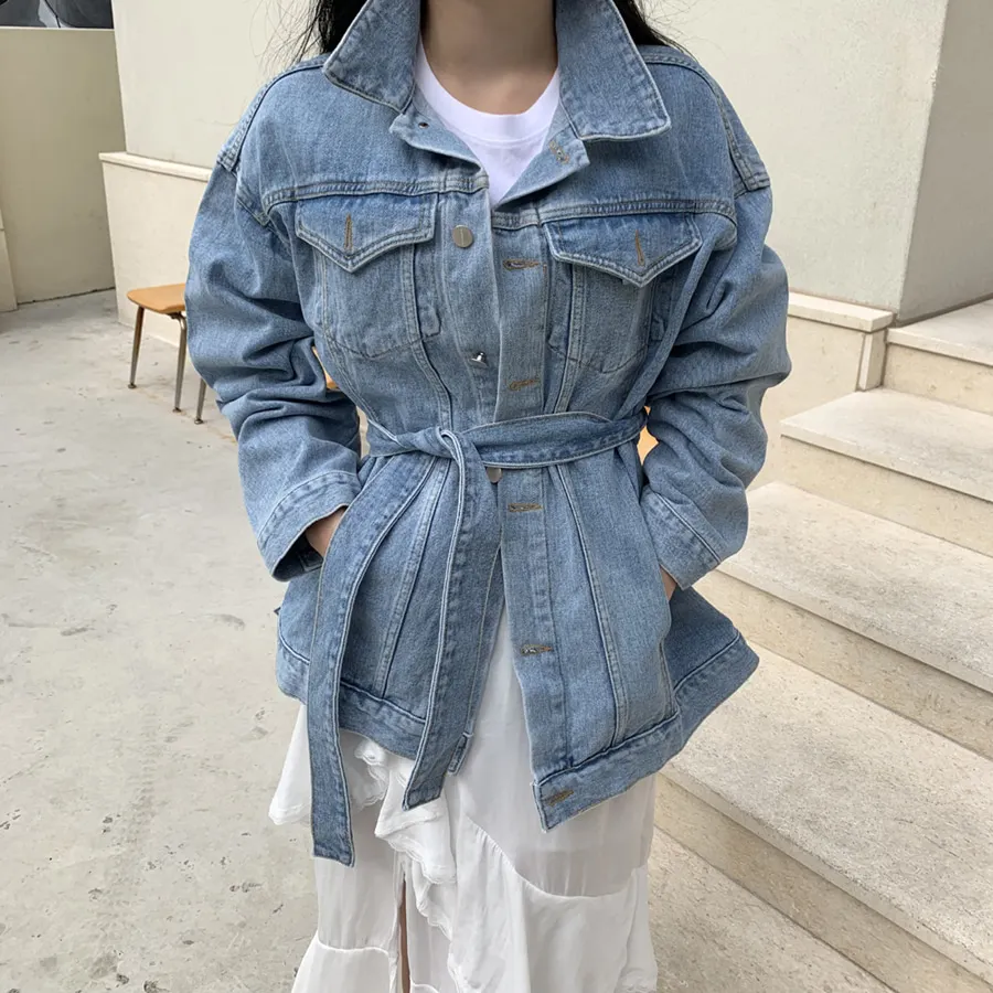 JSXDHK New Arrival High Street Autumn Winter Denim Coats Fashion Women Single Breasted Black Loose Jean Outerwear With Belt