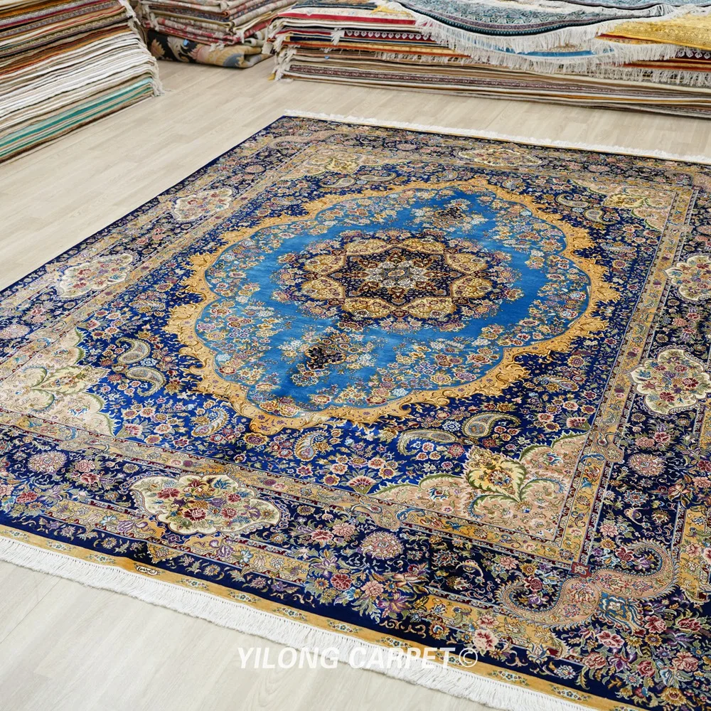 Yilong 9'x12' Traditional Classic Handmade Rug Large Blue Vantage Persian Silk Carpet (ZQG414A)