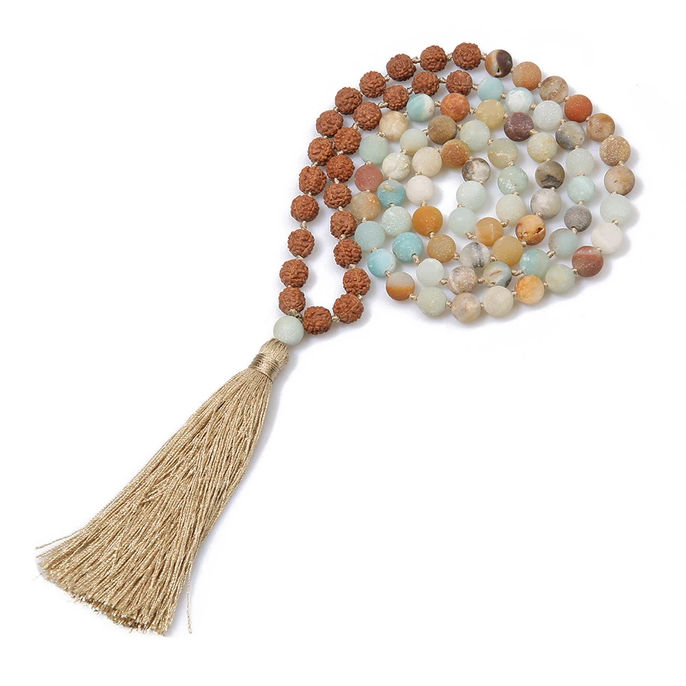 108 Mala Rudraksha & Matte Amazonite Beaded Knotted Necklace Blessing Meditation Yoga Prayer Japamala Jewelry Tassel Pendant
