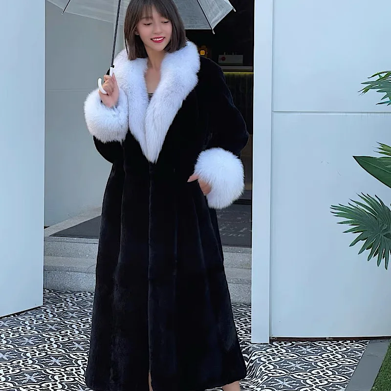 

2021Women Real Rex Rabbit Fur Coats With Fox Lapel Collar Natural Whole Skin Genuine Rex Rabbit Fur Long Jackets Overcoat Luxury