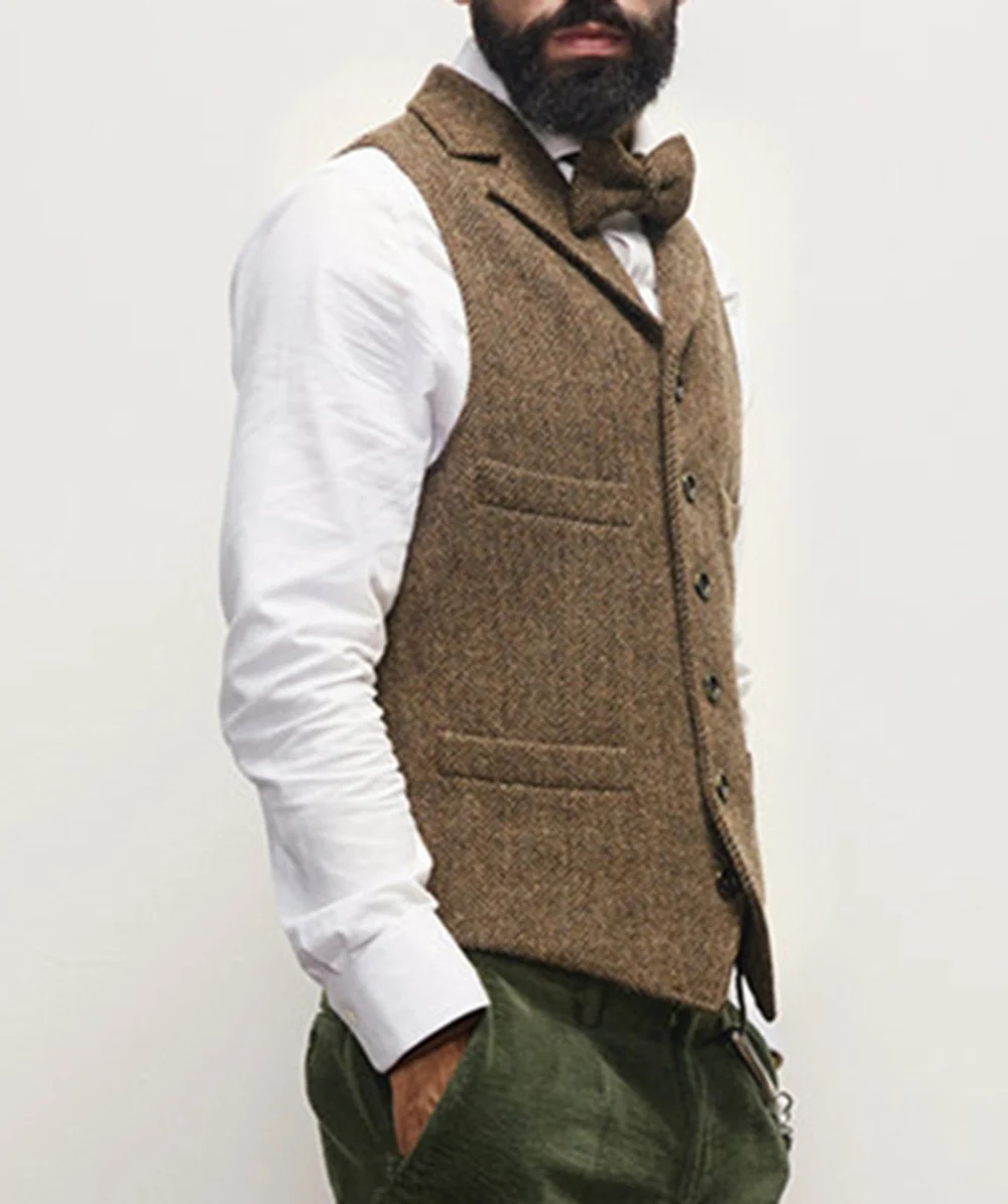 Green Men's Vest Casual Suit Vest Wool Tweed Notch Lapel Waistcoat Slim Fit Herringbone Pattern Groomsmen Coat For Wedding