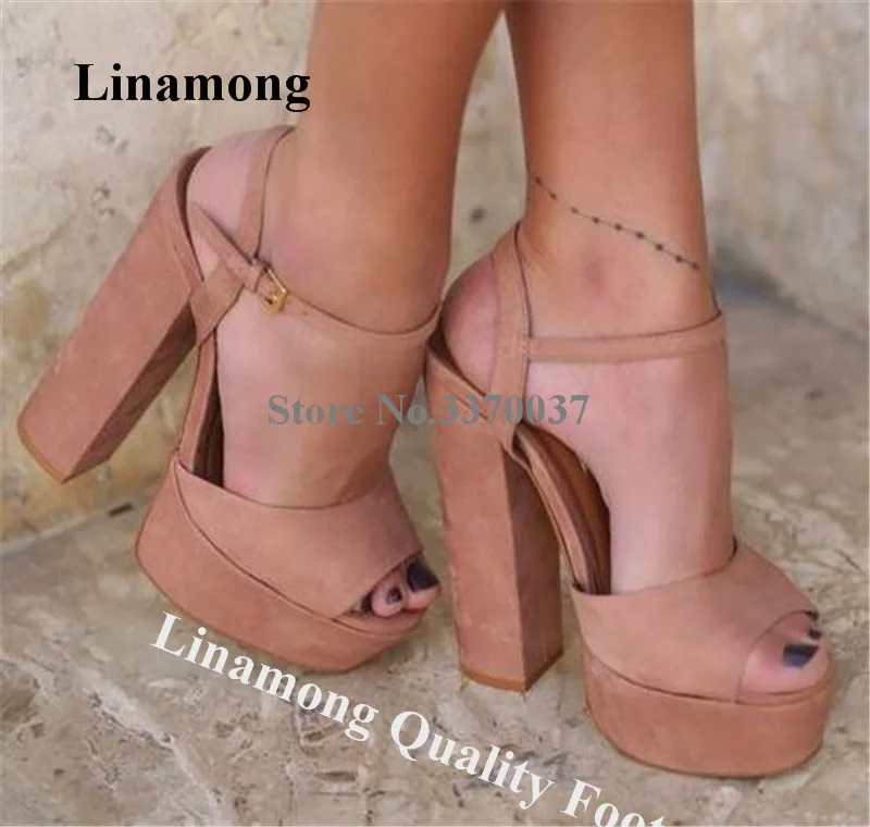 

Linamong Women Fashoin Suede High Platform Chunky Heel Sandals Peep Toe Ankle Strap Thick High Heel Sandals Big Size Heels