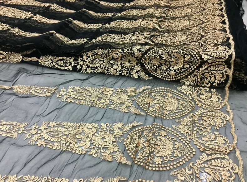 New product mesh lace gold embroidered fabric, high-end customized apparel fabric, encrypted embroidery skirt  fabric