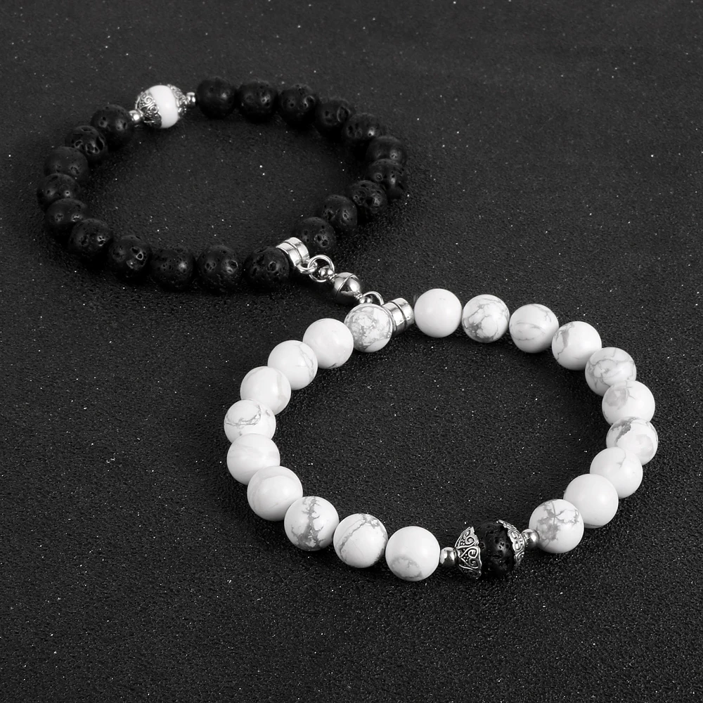 

2pc Natural Black Lava Stone White Howlite Beads Couple Bracelets Personality Magnet Attract Each Other Men Women Charm Bracelet