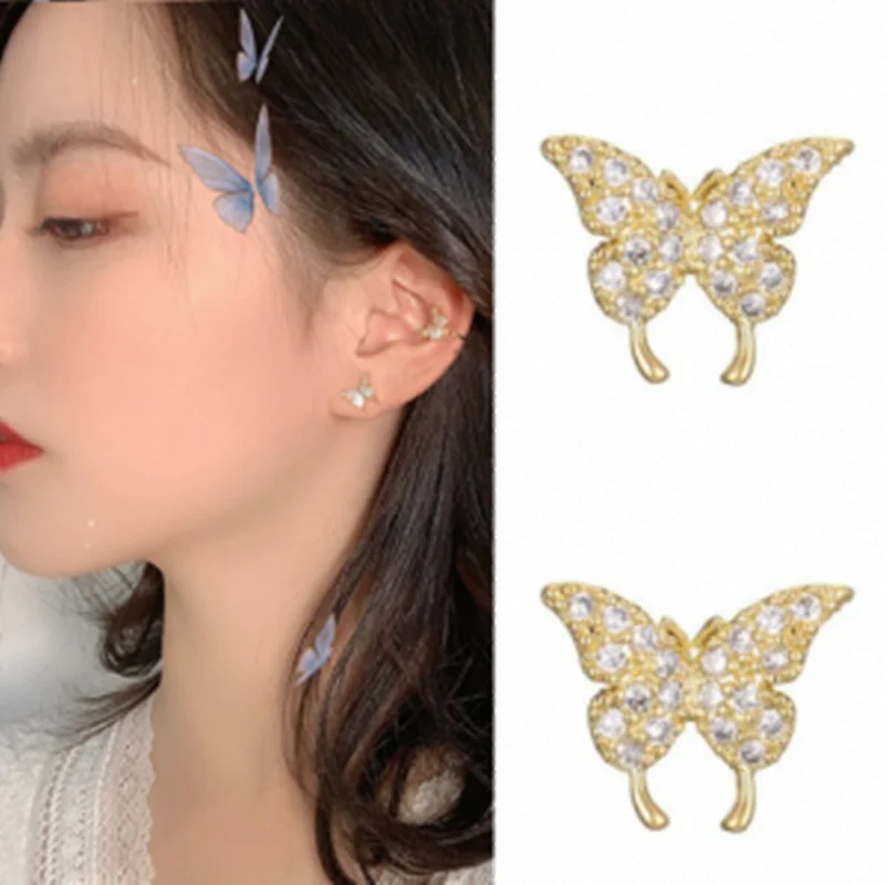 Women's Fashion Cute Butterfly Tiny Stud Earrings Micro Crystal Zircon Paved Female Trendy Romantic Ear Nail Piercing Accessory