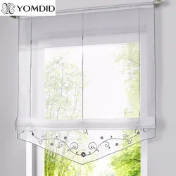 Embroidered Roman Curtain Floral Printing Sheer Window Curtains For Kitchen Living Room Voile Screening Panel With Ribbon Belts