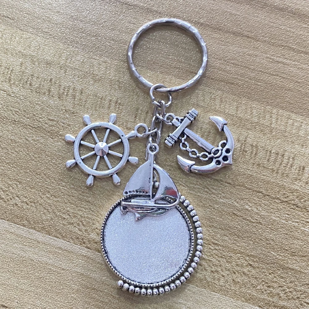 1piece Rotatable Fit 2Sides 25mm Family Photo Safe Wishes Sailor Keychain Seaman Sailboat Anchor Rudder Compass Diy Keyring