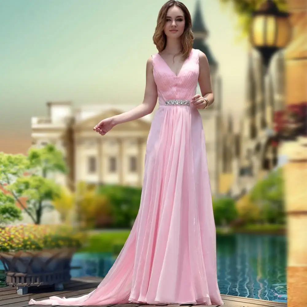 

free shipping 2023 new hot seller sweet train bride gown banquet marry long design formal dress pink crystal Bridesmaid Dresses