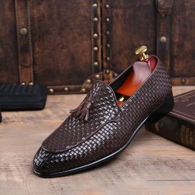 Quality Cow Leather Weave Business Casual Shoes Men Tassel Slip On Dress Shoes Mens Summer Black Brown Career Office Work Shoes