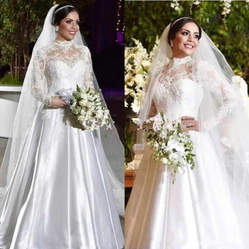 Laço cetim alta pescoço vestidos de casamento árabe noiva bola robe de mariee manga longa plus size vestido de noiva oriente médio