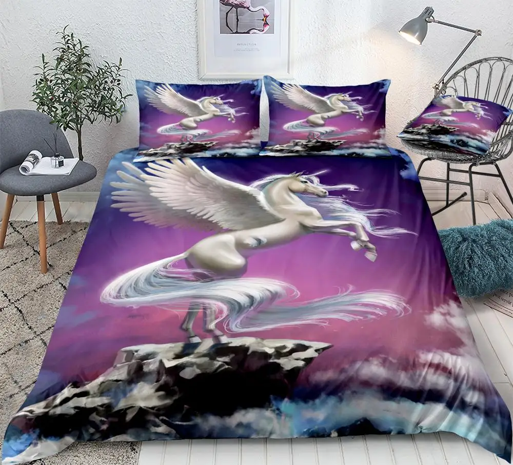 

3D Unicorn Duvet Cover Set White Unicorn with Wings Bedding Purple Sunset Quilt Cover Queen Bed Set Horse 3pcs Teens Dropship