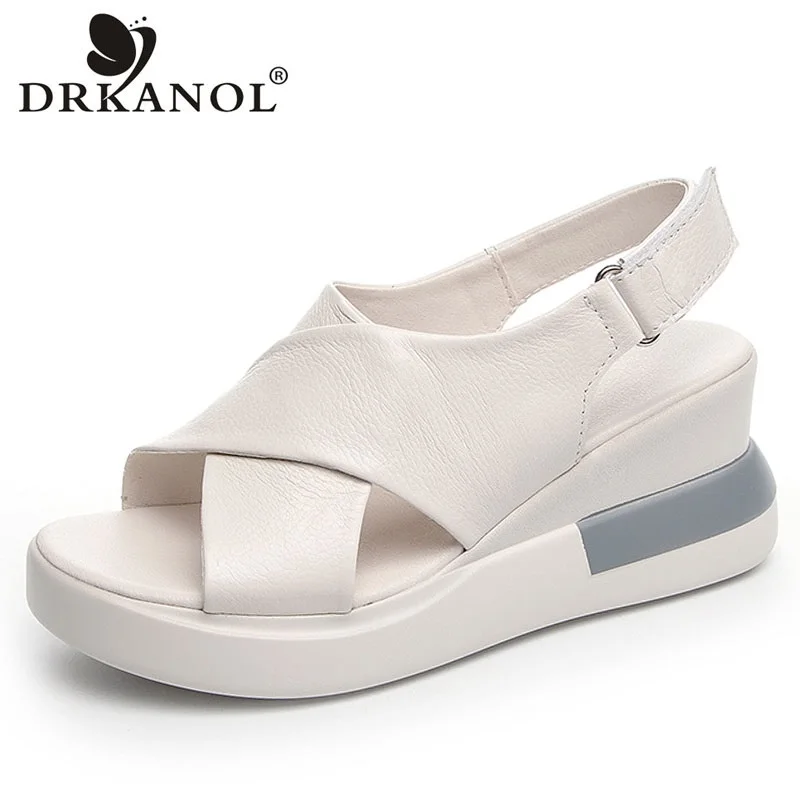 

DRKANOL Fashion Ladies Sandals 2025 Summer Cross Genuine Cow Leather Wedges High Heel Casual Sandals Women Summer Platform Shoes