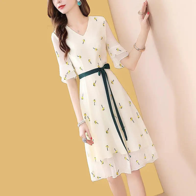 Floral Chiffon Dress Female Summer Vestidos New Women Receive Waist Printed A-line Dresses S-2XL Ladies Dress C857