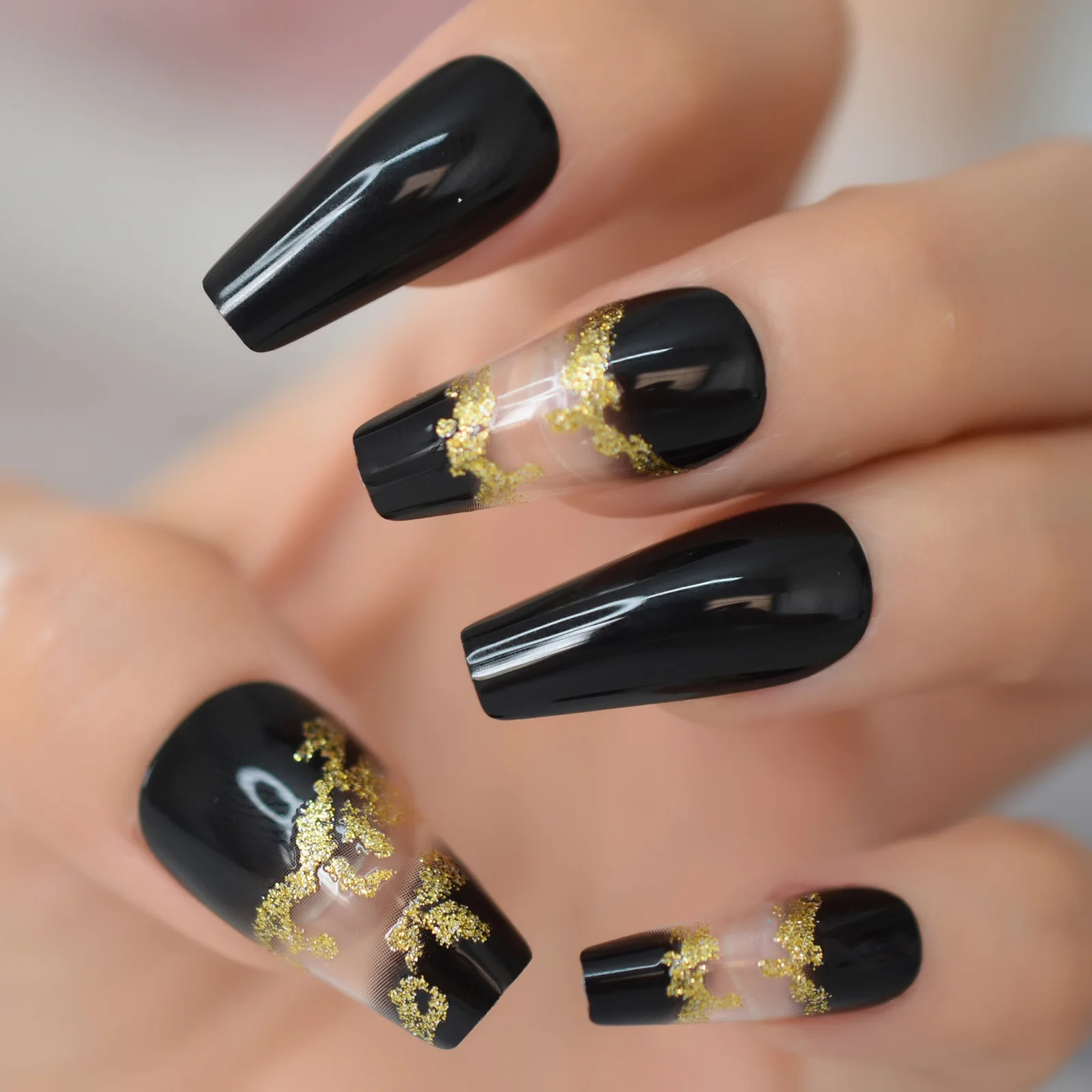 48 pçs brilhante glitter ombre preto claro francês branco bailarina caixão imprensa no falso prego ballet unhas falsas dicas para mulher menina