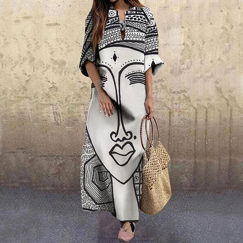 2022 Fashion Vintage Portrait Print Dress Abstract Face High Waist Women Dresses Beach Party Autumn Elegant Loose Female Dress