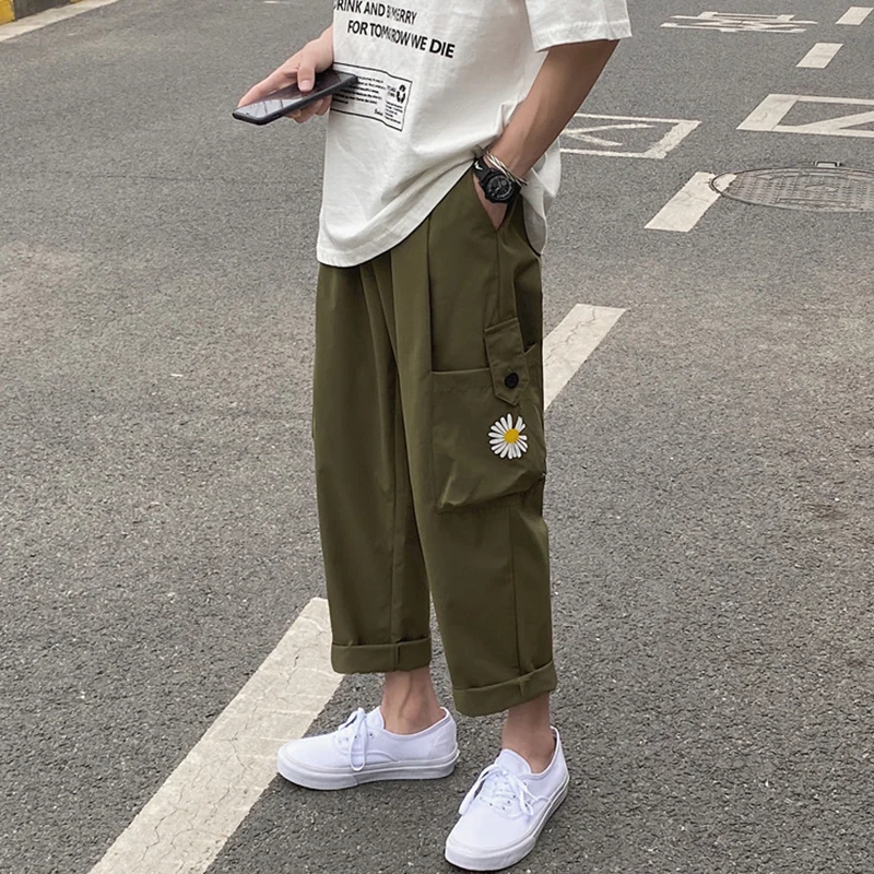 

Pants Men Streetwear Hip hop Pants Mens Joggers Pants Casual Ankle length Trousers Elastic Army green Flower 2021