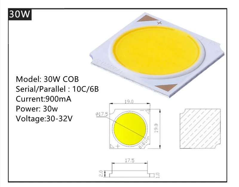 Chips LED abatibles de 10W, 20W, 30W, 40W, 50W, 3000k, 1919 SMD, diodo COB, cuentas de luz para foco de techo, 10 piezas