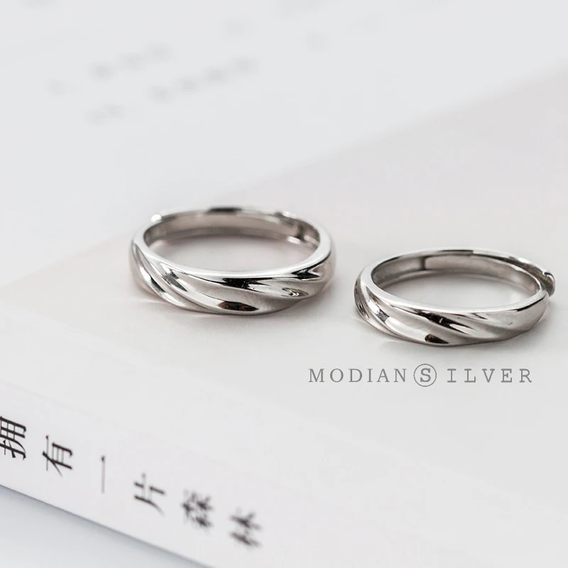 Modian Romantic Sterling Silver 925 A Pair Couple Rings for Men Women Open adjustable Geometric Oblique Lines Ring Fine Jewelry