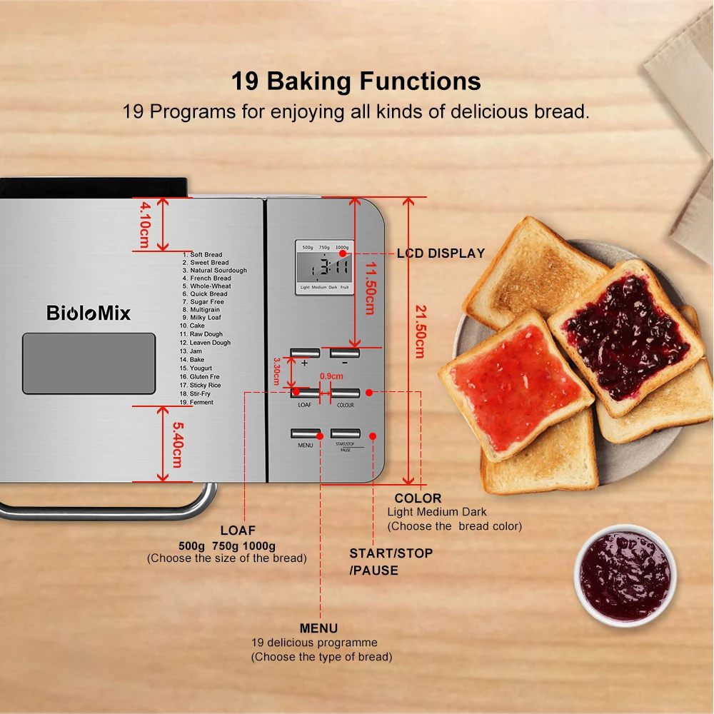 Biolomix-máquina automática de pan de acero inoxidable, 1KG, 19 en 1, 650W, programable, con 3 tamaños de pan, dispensador de frutas y nueces