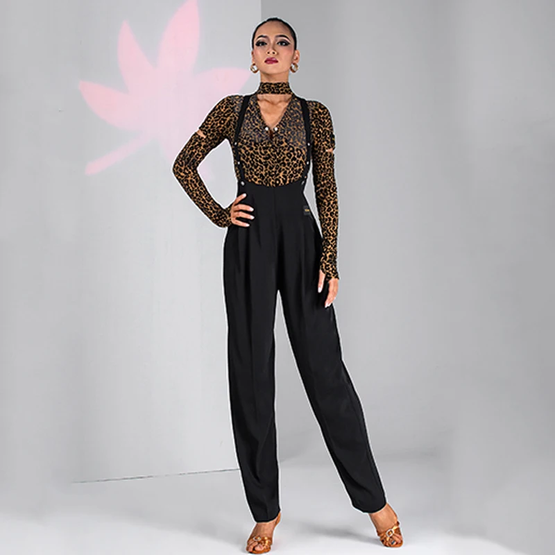 Latin Dance Pants Female Adult Straps Trousers Black Wide Leg Ballroom Pants 2021 New Latin Dance Practic Clothes Women DNV15503