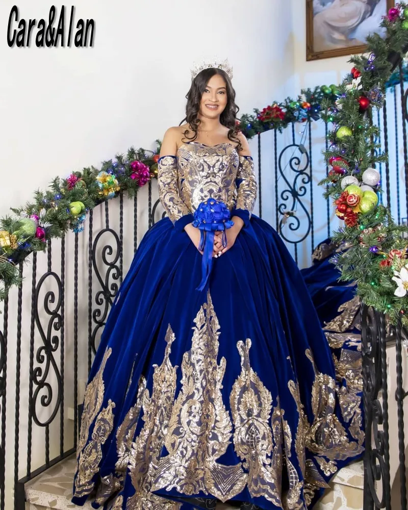 กำมะหยี่สีฟ้า Quinceanera เดรสลูกไม้ Applique หวาน16ชุดแขนยาว Vestidos De 15บอลชุดพรหม Gowns