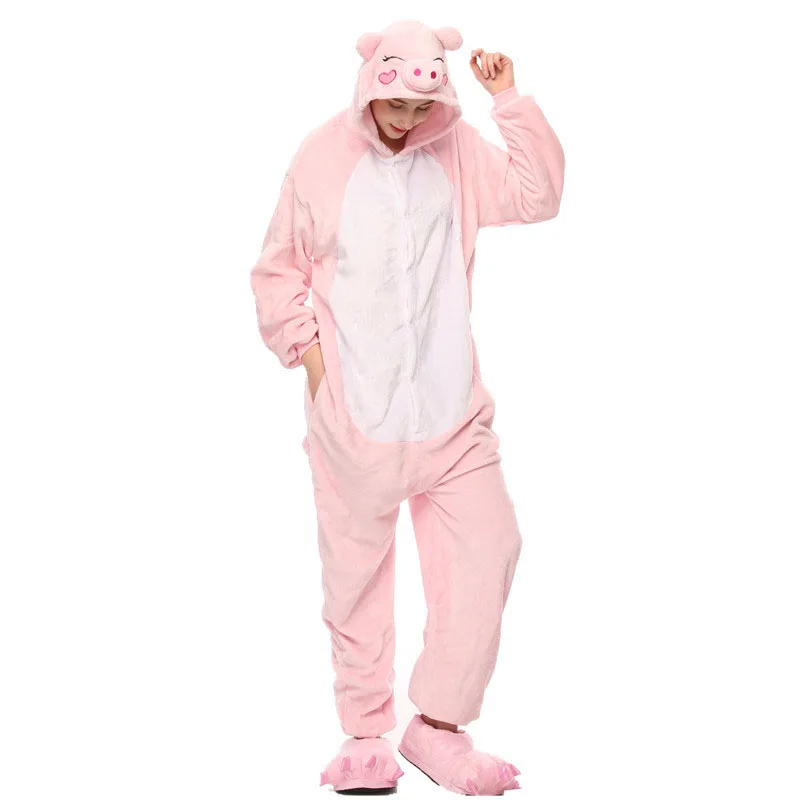 Adult Pig Kigurumi Women Men Cartoon Animal Cosplay Costume Winter Onesie Pajama Hooded Couple Funny Party Suit