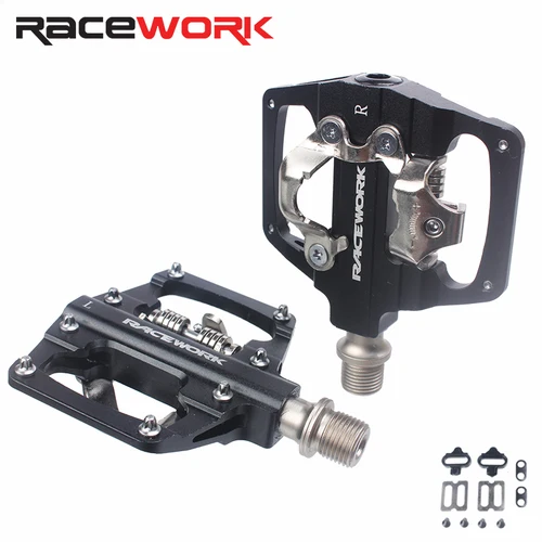 Imagen 2 del producto Pedales automáticos RACEWORK MTB, aleación de aluminio CNC autoblocante, rodamiento DU SPD, plataforma plana doble, Pedal de bicicleta de montaña