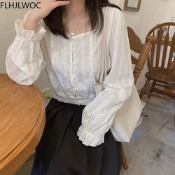 Cute Square Collar Fairy Lace Short Crop Tops Blusas Women's Single Breasted Korean Clothing Preppy Lolita Shirt Blouse Flhjlwoc