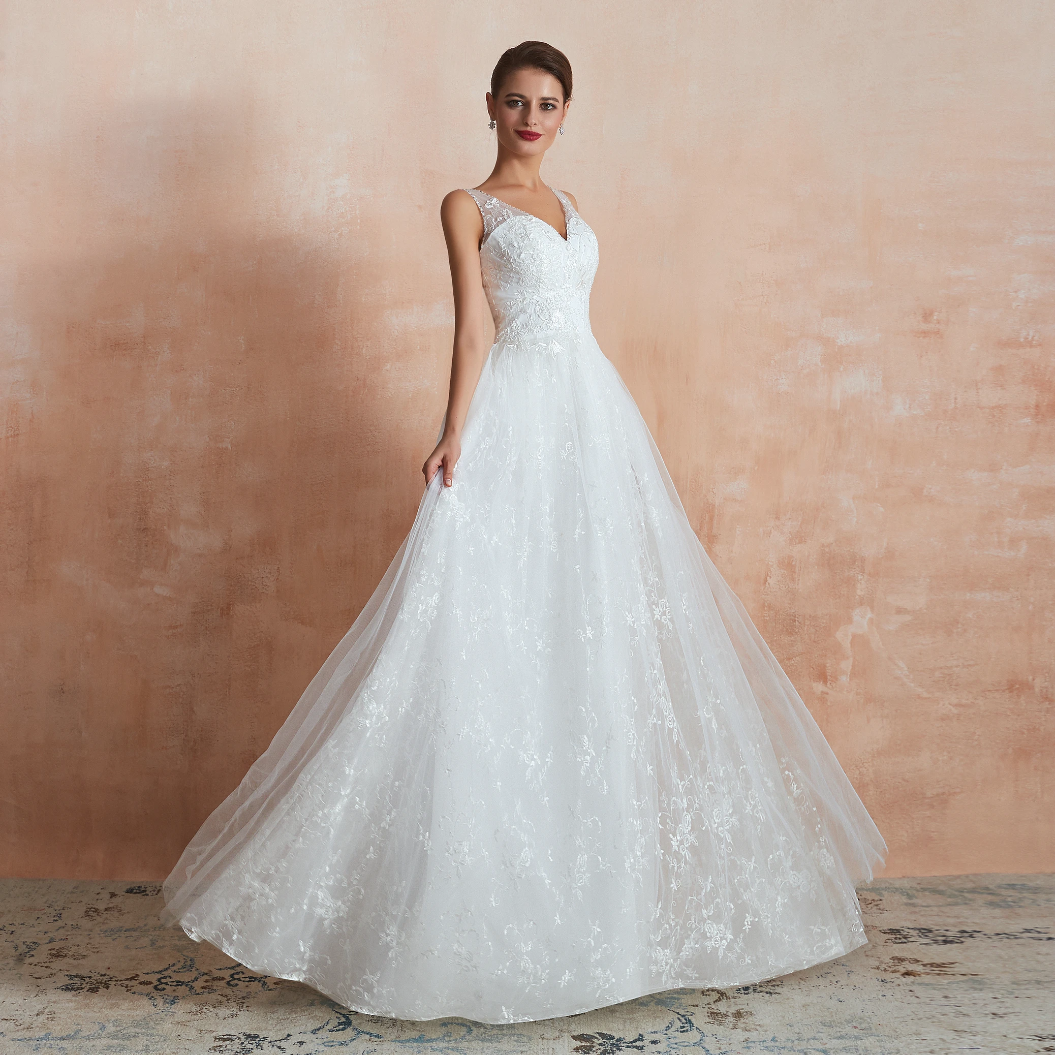 JaneVini – robe De mariée De princesse en dentelle blanche, ligne A, col en V, sans manches, perlée, grande taille, 2019