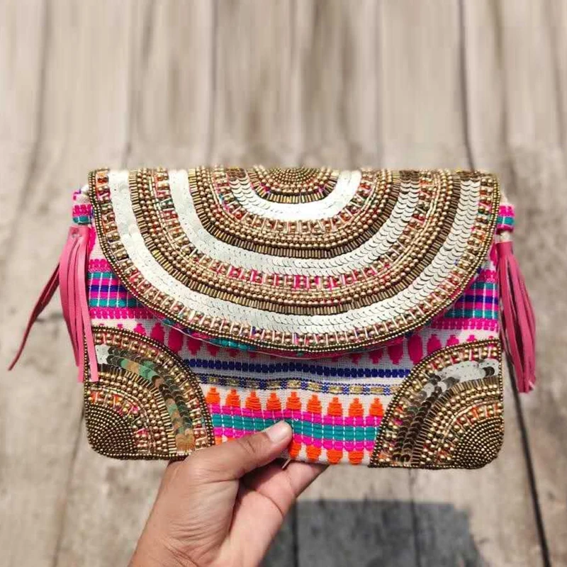 DOYUTIG Indian Design Women's Beads Handmade Hobo Bags Ethnic Embroidery Tassels Bags Lady Bohemia Casual Crossbody Bags F775