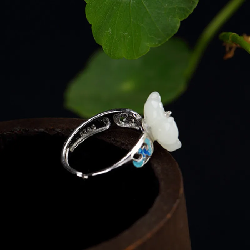 S925 Sterling Silver Inlaid Natural Hetian Jade And White Jade Inlaid Cloisonne Plum Blossom Ladies Open Ring